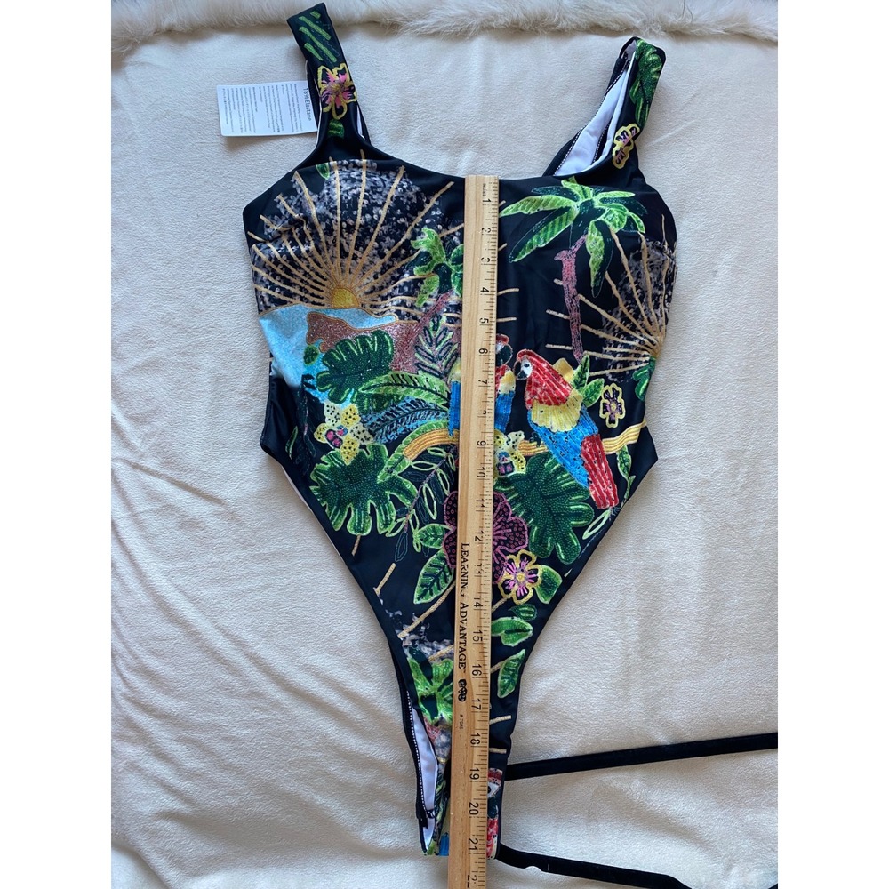 Women's One-Piece Swimsuit Small Black Tropical Parrot NWT High Cut Scoop Bold - Picture 5 of 11